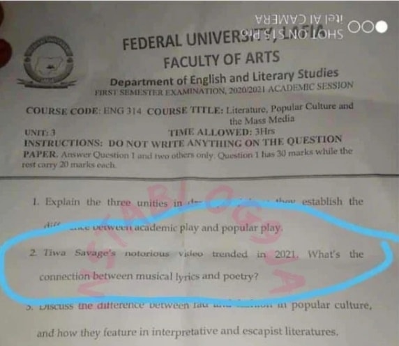 Tiwa Savage s3x tape saga appears as exam question in Nigerian school