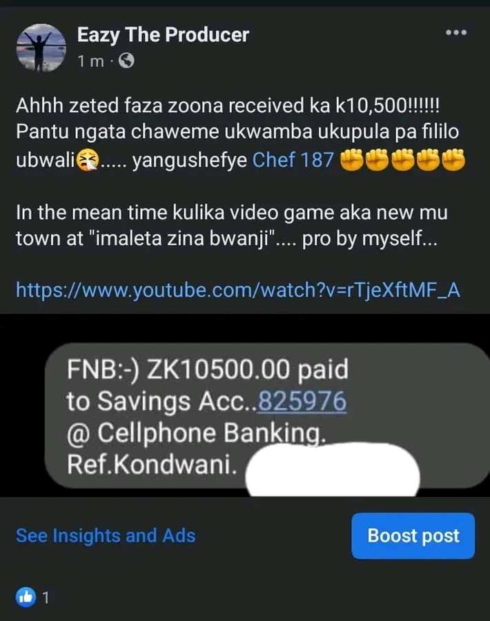 Eazy The Producer bags more than 10K Kwacha for making Chef 187's Imaleta Zina Bwanji